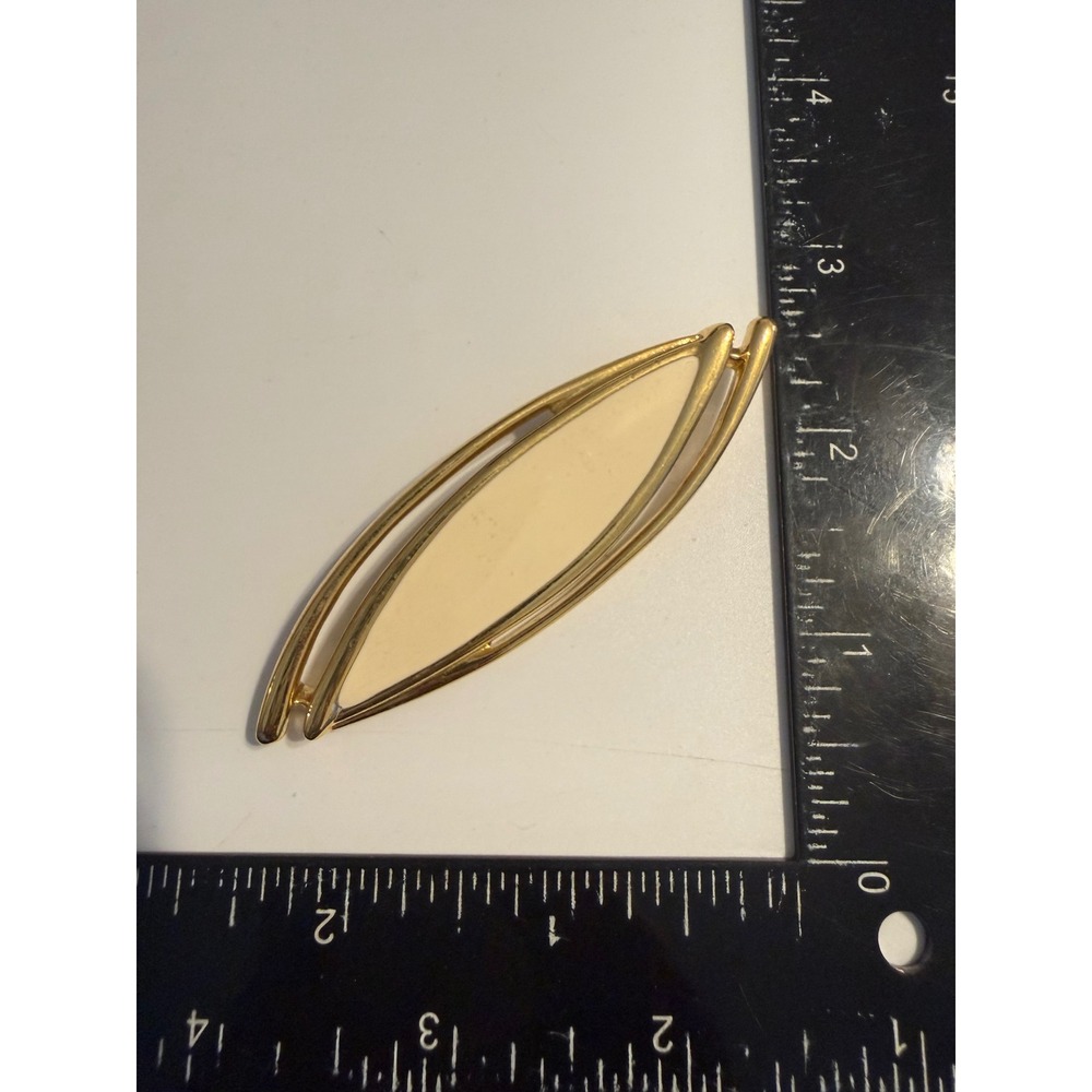 Monet Gold Tone Cream Enamel Marquise Brooch Pin Mid Century Modern Design